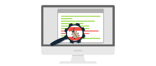 Graphic of magnifying glass enlarging a bug in the source code on a computer screen.