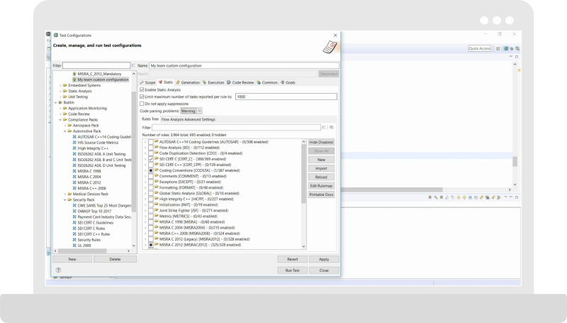 Screenshot of Parasoft C/C++test functional-safety configurations