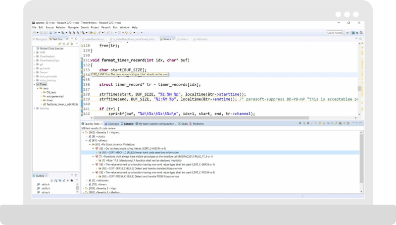 Screenshot of C/C++test executing static analysis in the Eclipse IDE