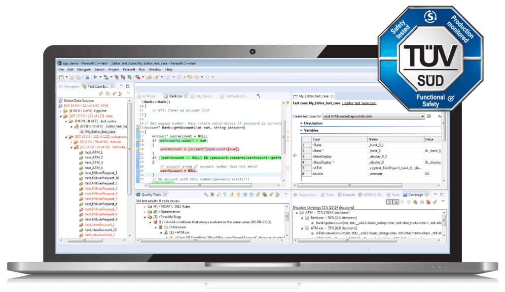 Screenshot of C/C++test in Eclipse IDE with TUV Certified badge