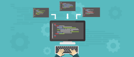 Graphic of developer writing source code in multiple text editor screens