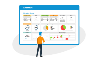 Graphic of man viewing a code quality dashboard.