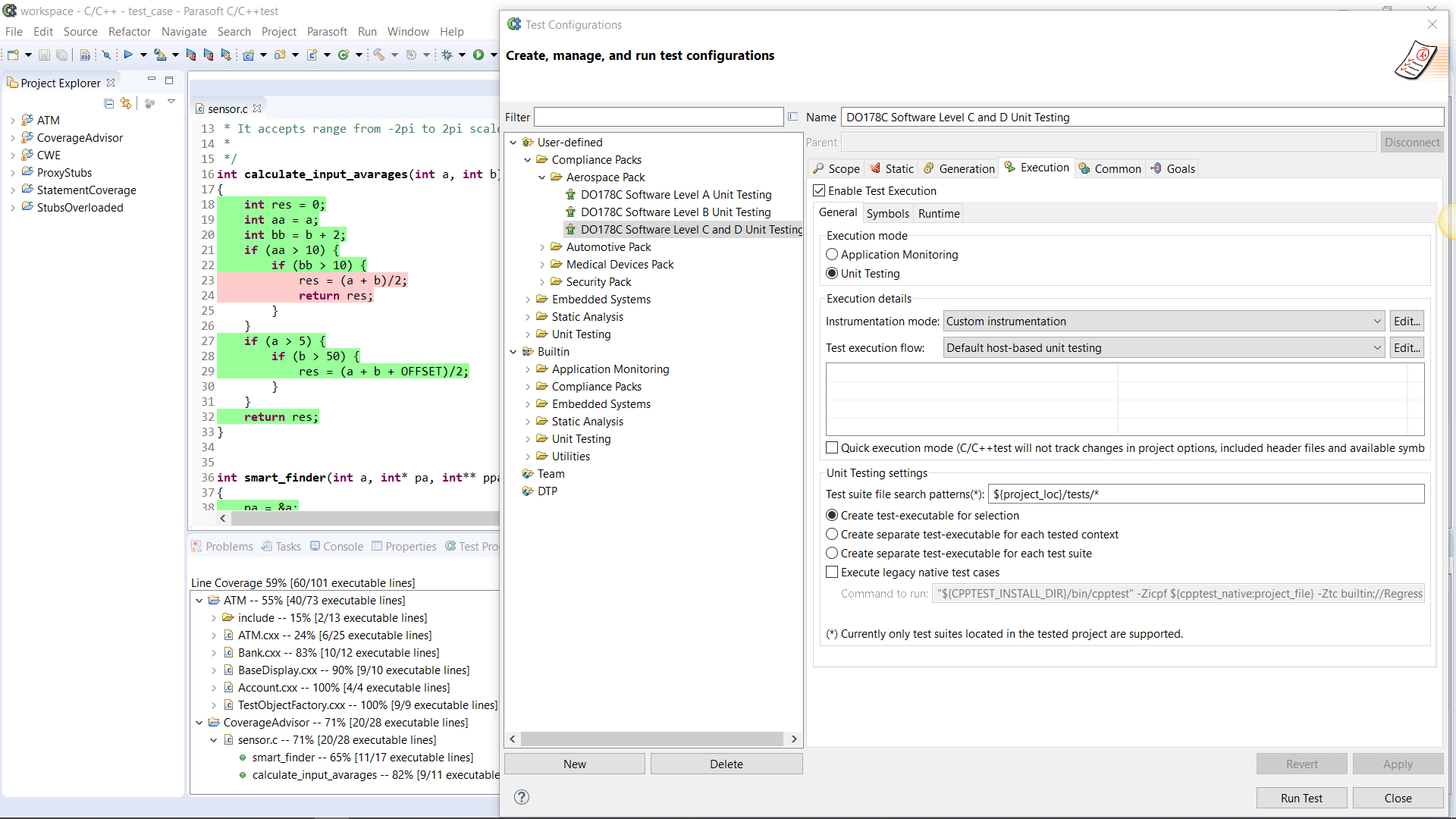 Screenshot of DO178C Software Level C and D Unit Testing in C/C++test