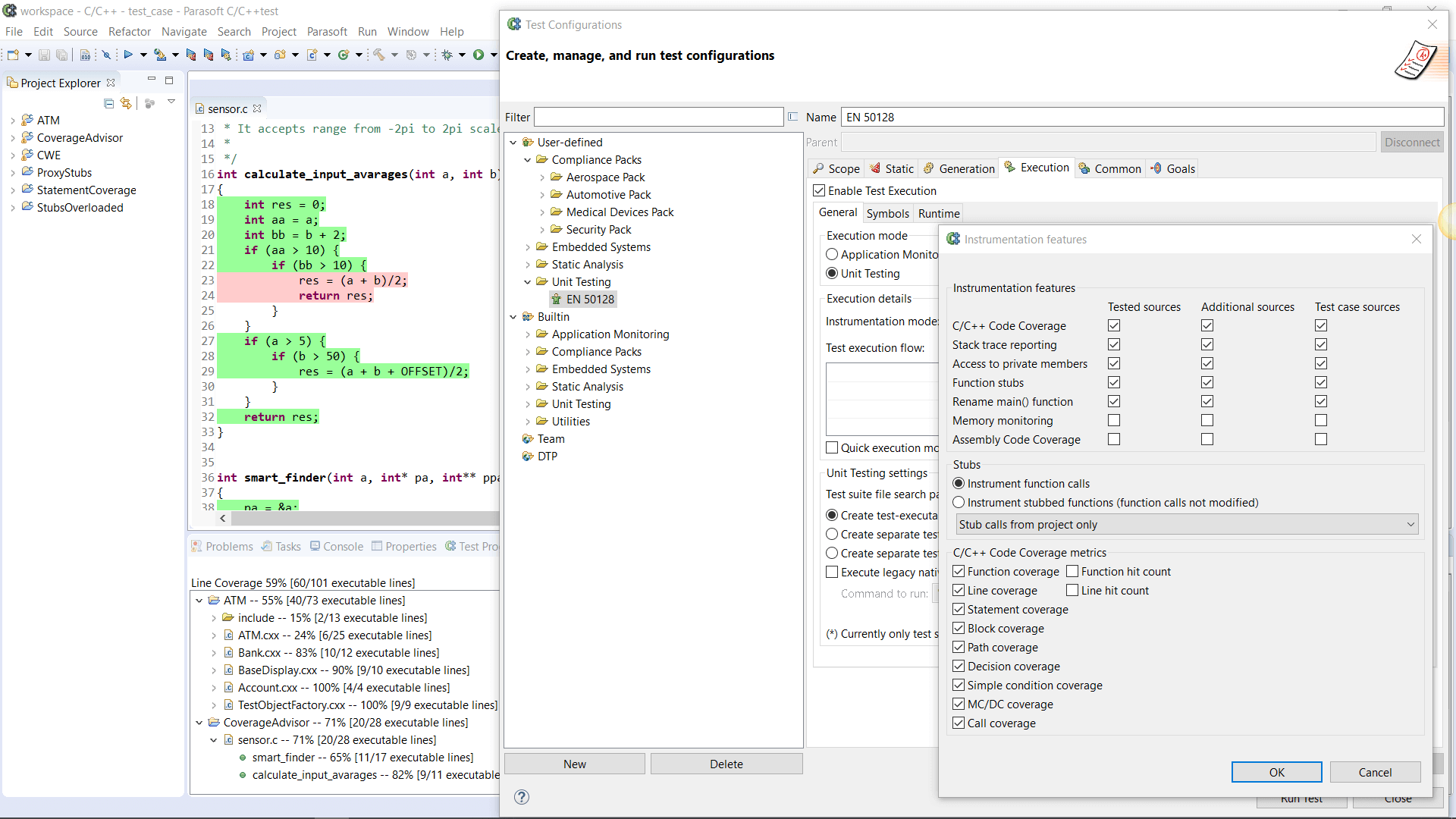 Screenshot of EN 50128 compliance configuration in Parasoft C/C++test.