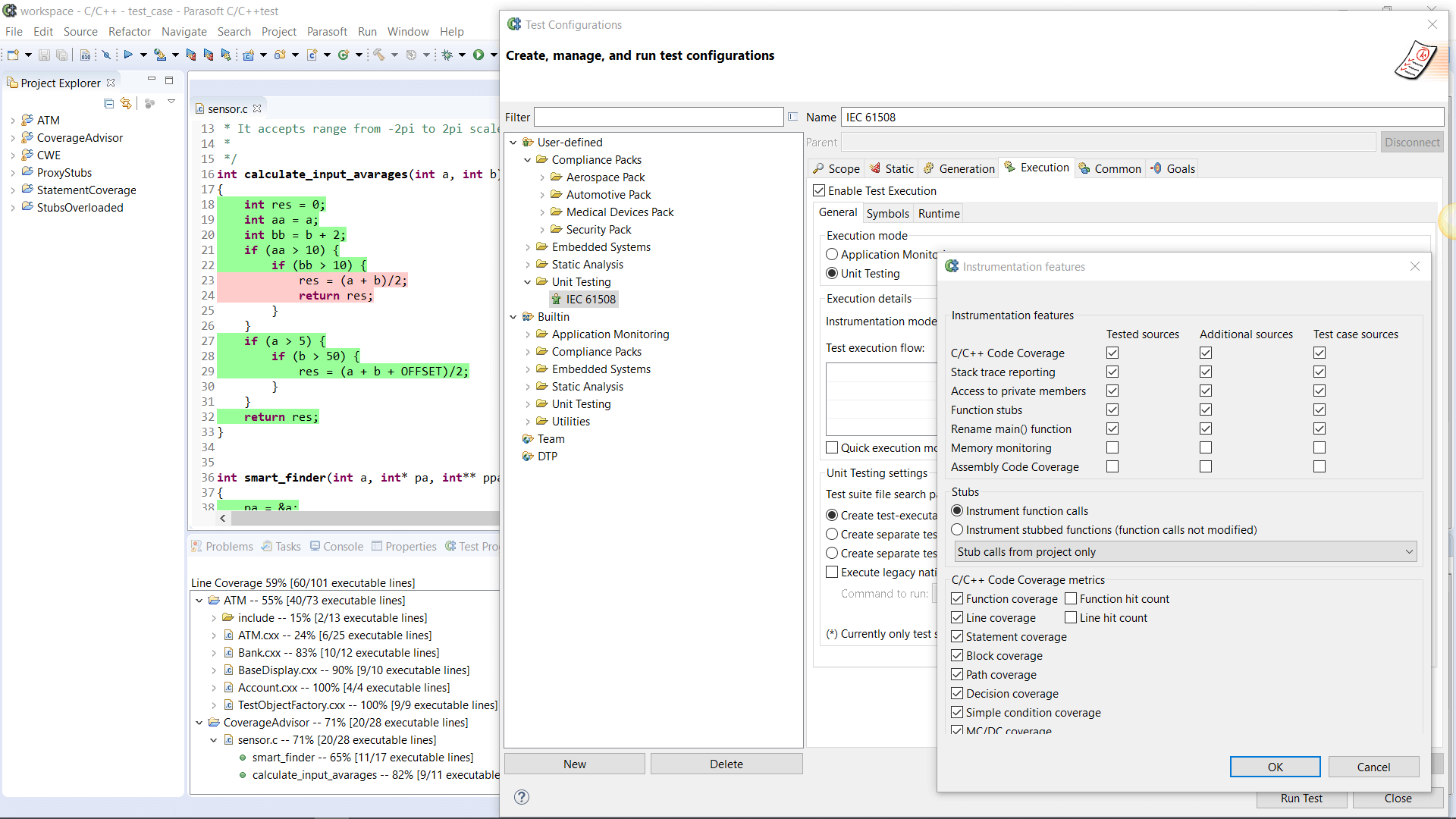 Screenshot of IEC 61508 compliance configuration in C/C++test.