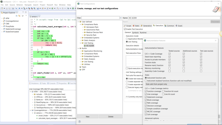 Screenshot of IEC 62304 compliance configuration in C/C++test.