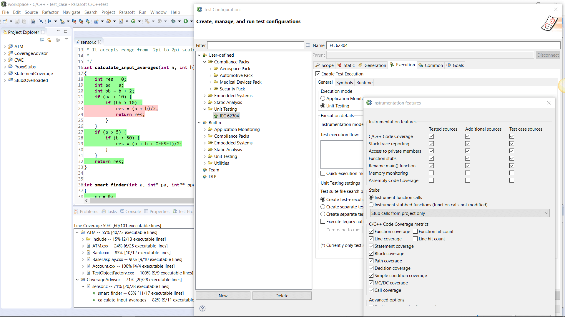 Screenshot of IEC 62304 compliance configuration in C/C++test.