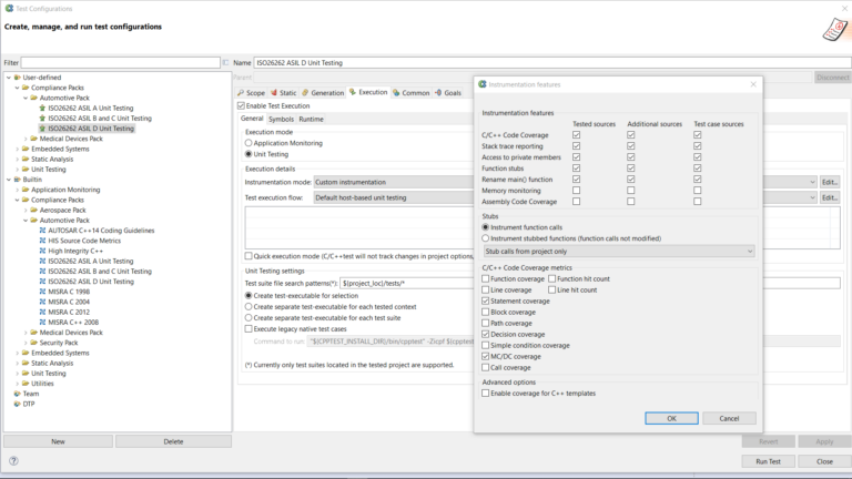 Screenshot of ISO 26262 ASIL D Unit Testing configuration in Parasoft C/C++test.