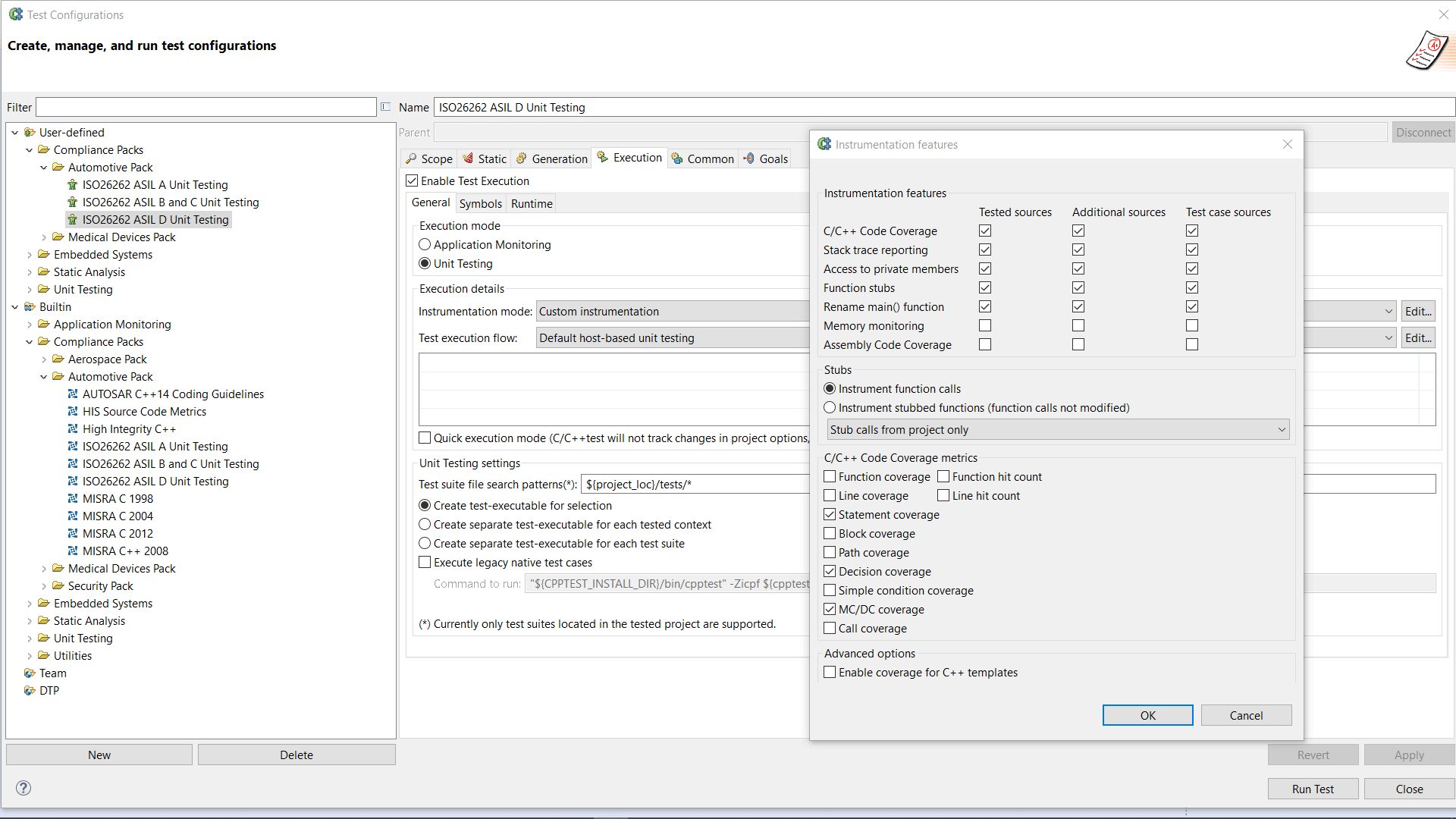Screenshot of ISO 26262 ASIL D Unit Testing configuration in Parasoft C/C++test.