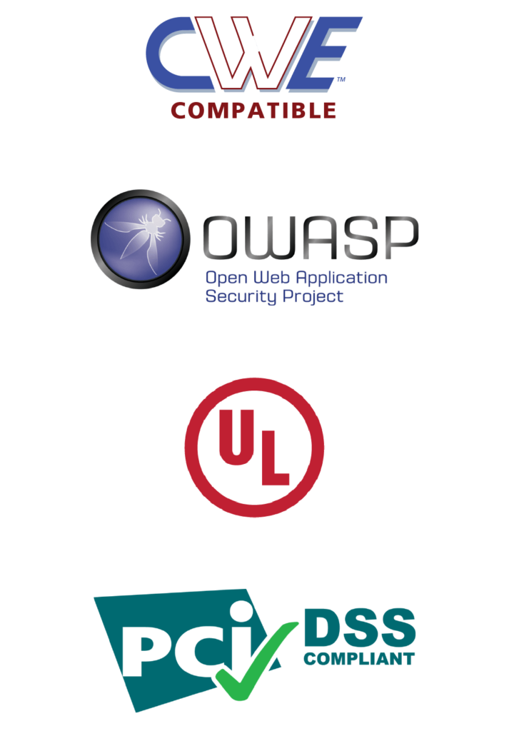 CWE, OWASP, UL, and PCI DSS logos