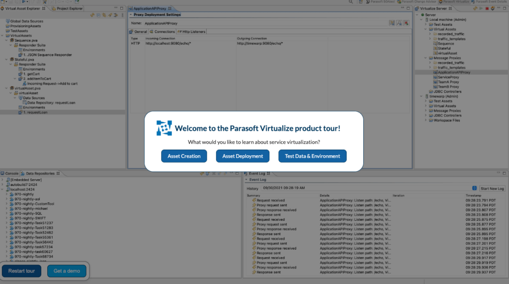 Screenshot of Parasoft Virtualize product tour.