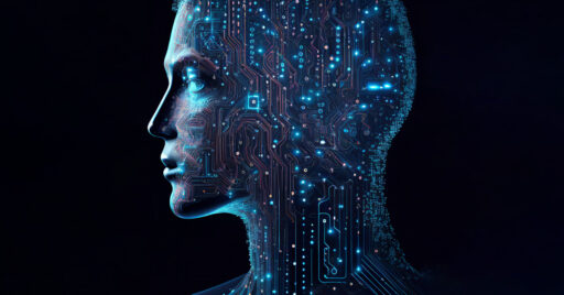 Image showing the side profile of a human filled in with connectors and bright points to portray technology enhanced by artificial intelligence (AI).