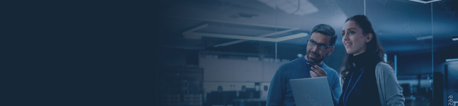 Banner with blue background and image of man and woman in discussion while looking in the same direction where man is pointing on right.