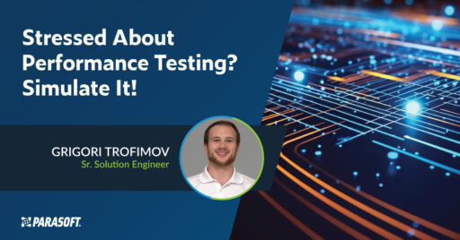 Stressed About Performance Testing? Simulate It! text on left and abstract high-tech graphic on right