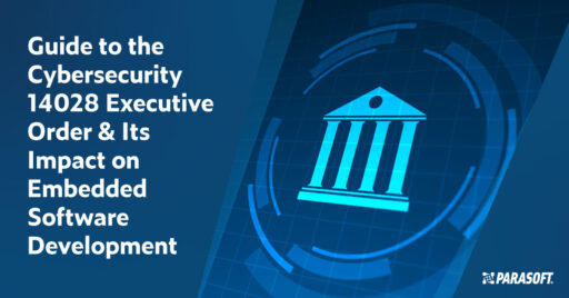 Text on left: Guide to the Cybersecurity 14028 Executive Order & Its Impact on Embedded Software Development. On the right is an icon of a government building with pillars.