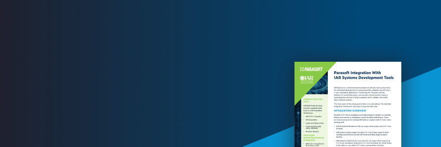 Banner with dark blue background and light blue triangle in bottom right-hand corner with screenshot of Parasoft IAR integration datasheet.