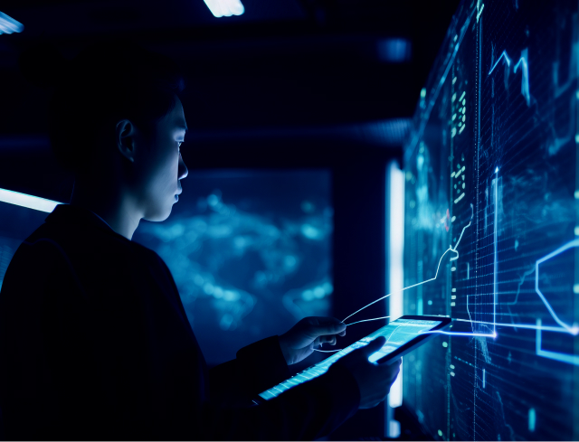 Image of man working on tablet and large screen with map of world.