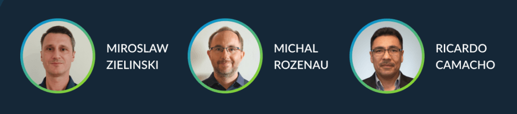 Banner with blue background and headshots of three speakers.