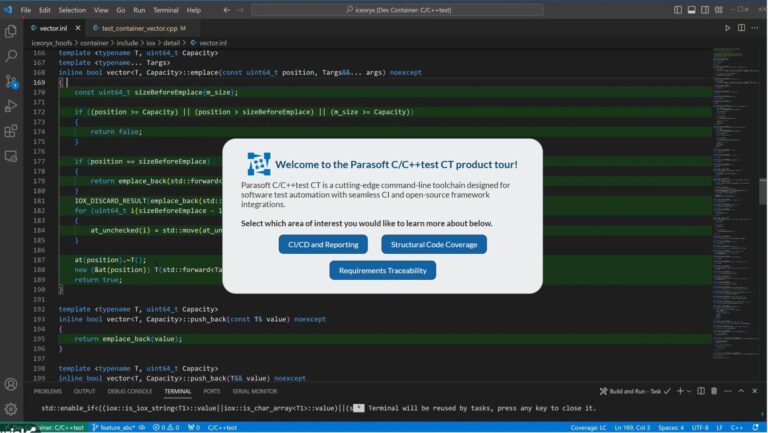 Screenshot of the C/C++test CT product tour