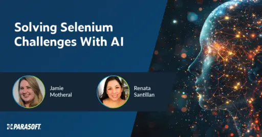 Solving Selenium Challenges with AI webinar title with speaker headshots below and graphic of AI-inspired human head to the right