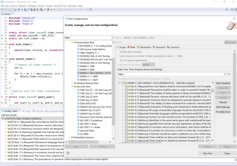 Screenshot of C/C++test MISRA C 2023 static analysis configuration window.