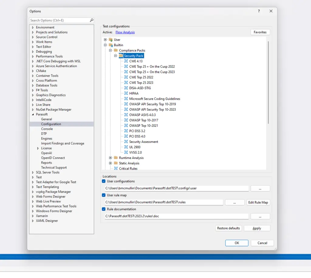 Screenshot of Parasoft dotTEST showing the drop down menu where users can select a secure coding standard test configuration.