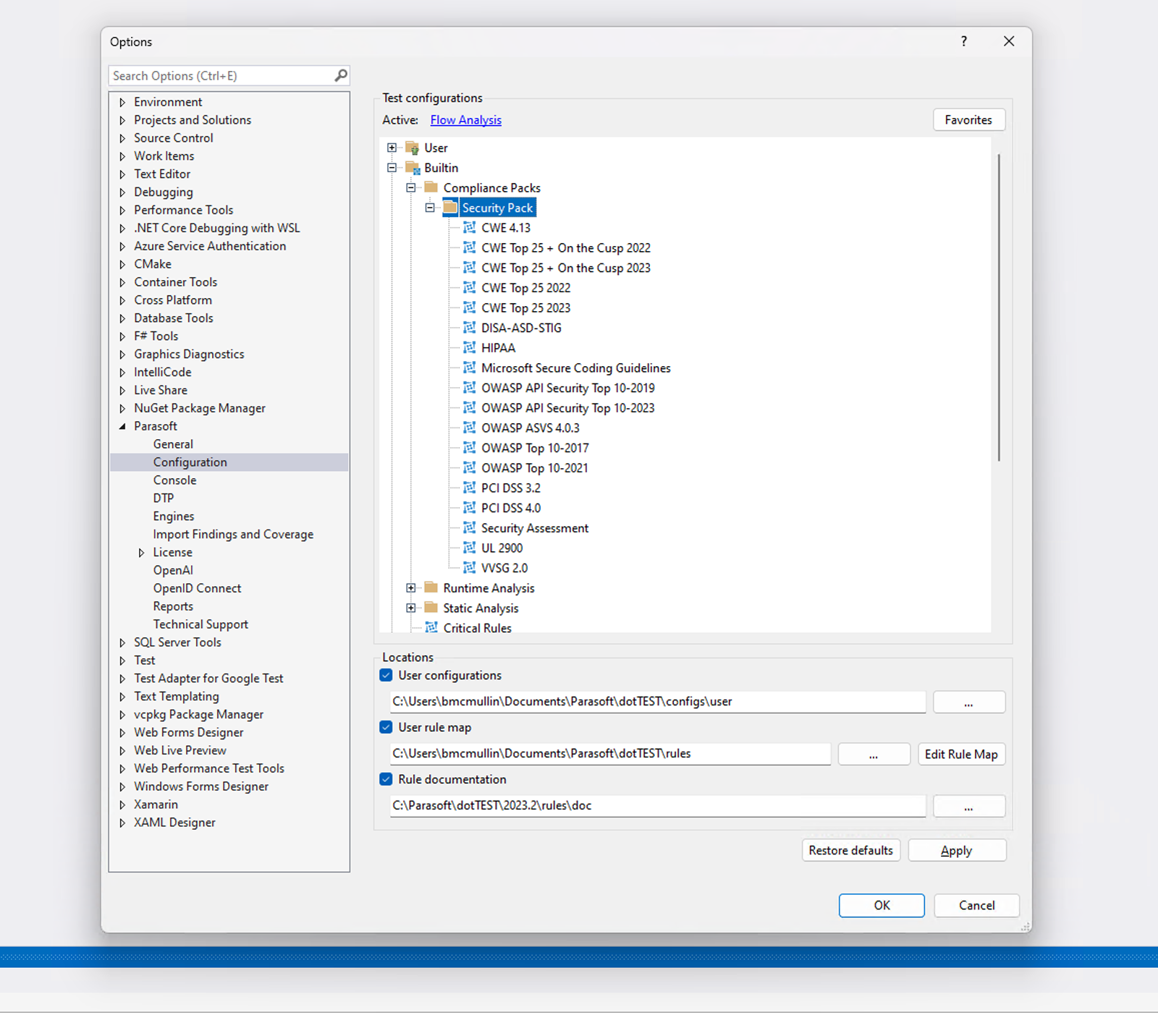 Screenshot of Parasoft dotTEST showing the drop down menu where users can select a secure coding standard test configuration.