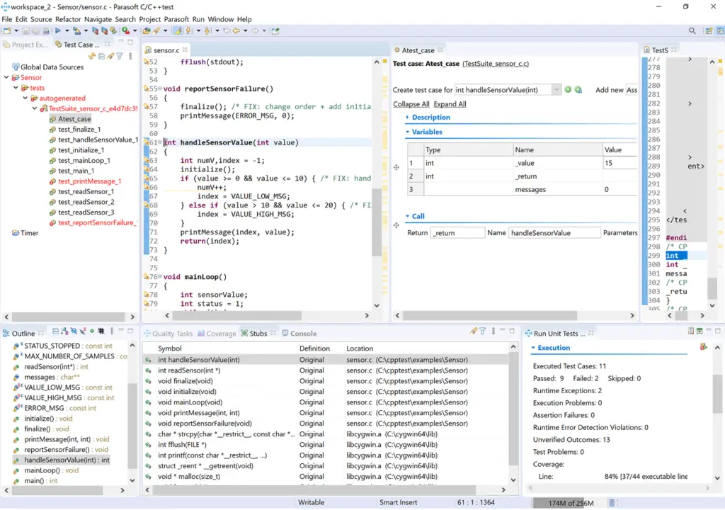 Screenshot of C/C++test with various unit testing window perspectives.