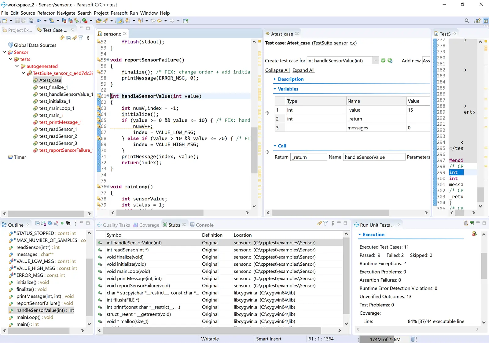 Screenshot of C/C++test with various unit testing window perspectives.