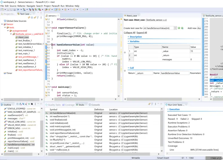 Screenshot of C/C++test with various unit testing window perspectives.