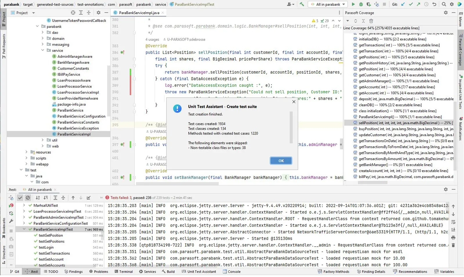 Screenshot of Jtest IDE integration showing unit tests being generated in bulk.