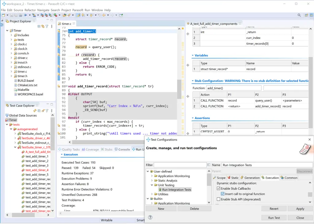 Screenshot of C/C++test with various testing window perspectives on integration testing.