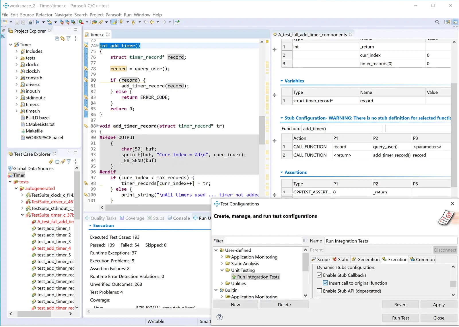 Screenshot of C/C++test with various testing window perspectives on integration testing.