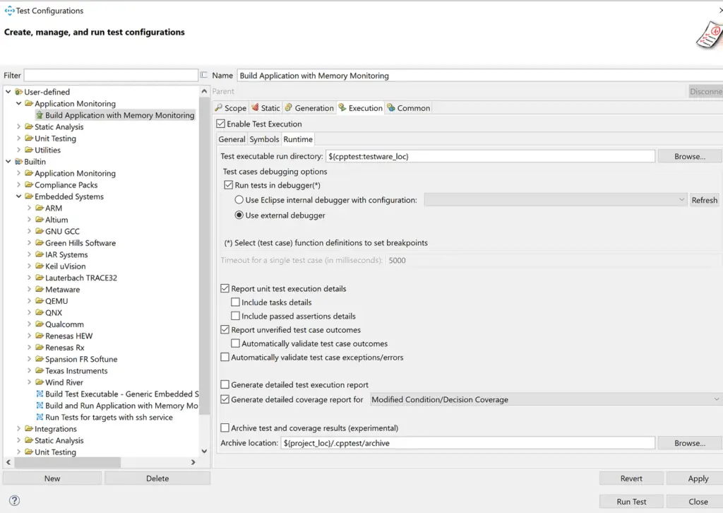 Screenshot of C/C++test test configuration window with runtime build application with memory monitoring options.