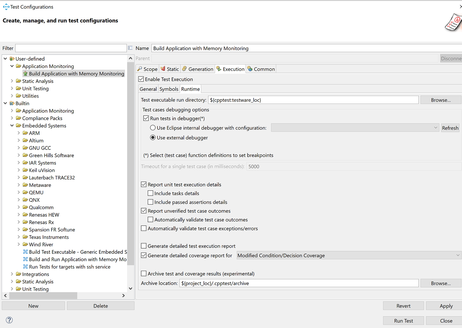 Screenshot of C/C++test test configuration window with runtime build application with memory monitoring options.