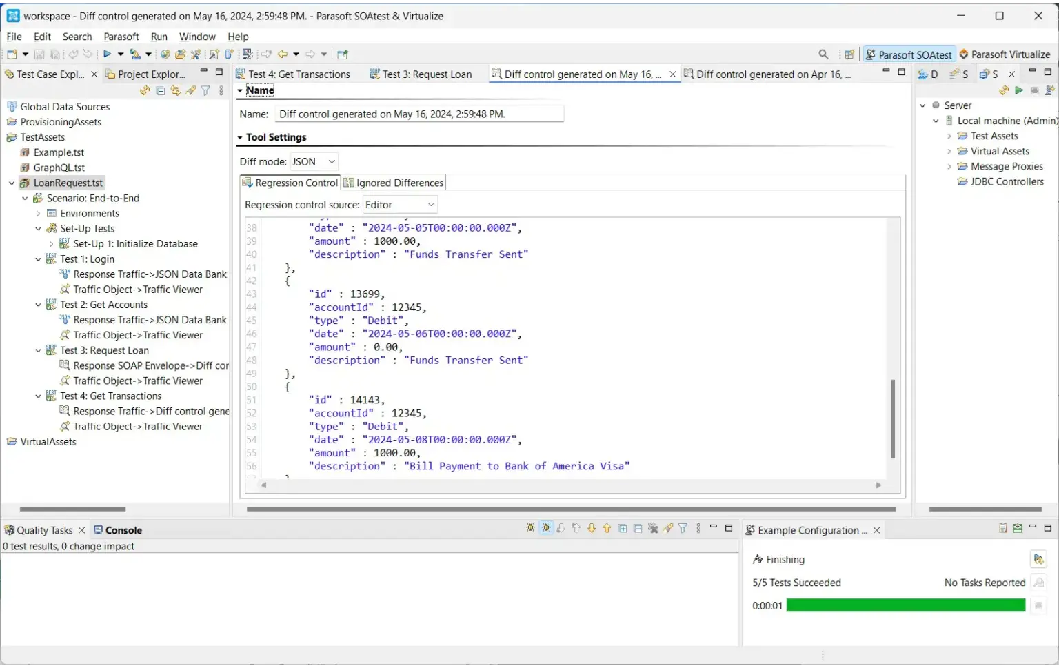 Screenshot of SOAtest in the Eclipse IDE showing an end-to-end functional integration test.