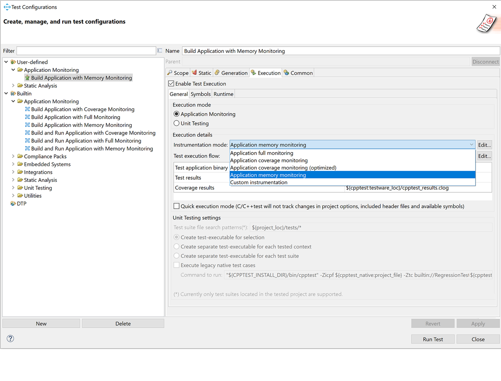 Screenshot of C/C++test test configuration window with general execution mode options.
