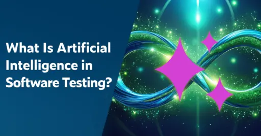 2D graphic showing a blue infinity loop with tiny green sparkles in the background and an overlay of artificial intelligence icon - 3 bright pink diamonds.