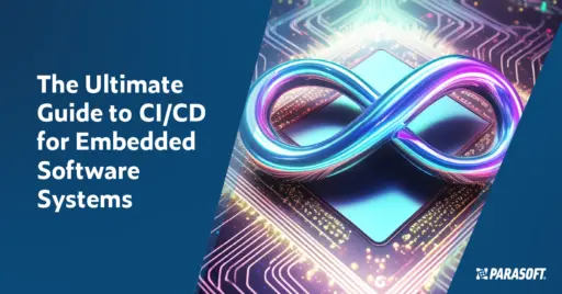 Text on left: The Ultimate Guide to CI/CD for Embedded Software Systems. On the right is an image of a continuous testing loop in iridescent blues and purples floating atop an embedded software system.
