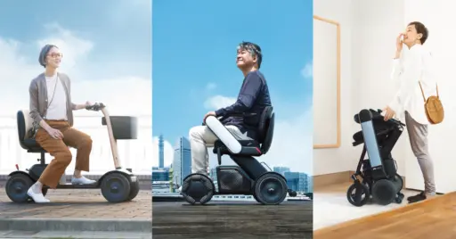 Three images showing three different people using three different models of WHILL, Inc.