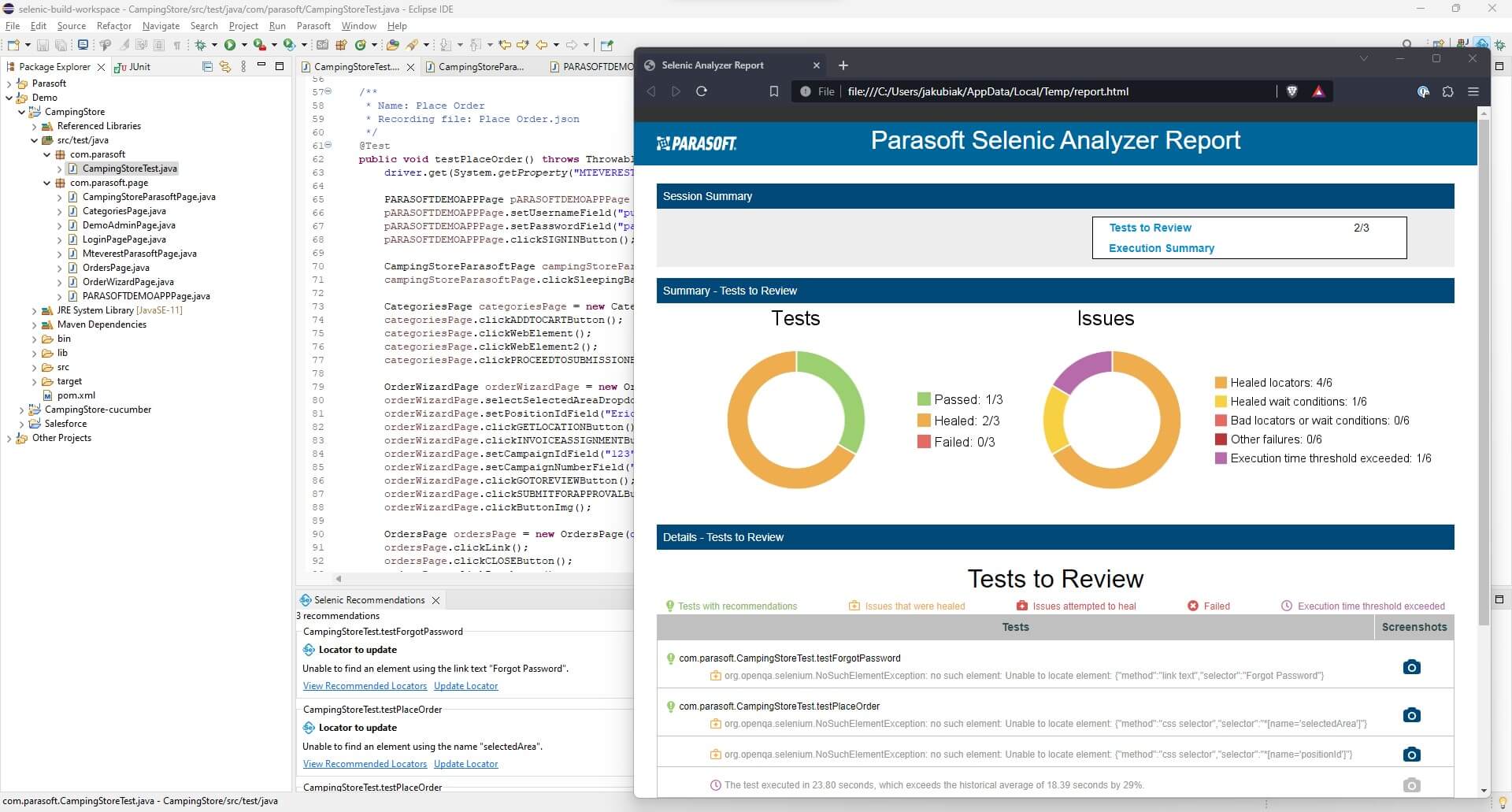 Screenshot of a Parasoft Selenic Analyzer Report showing a summary of tests and issues.