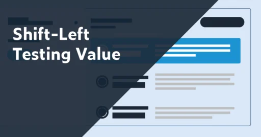 Text on the left: Shift-Left Testing Value. On the right is an abstract graphic of an ROI calculator.