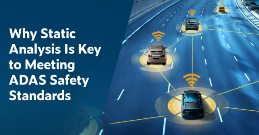 Text on the left: Why Static Analysis Is Key to Meeting ADAS Safety Standards. On the right shows an overview image of a freeway showing multiple software-defined vehicles, some with advanced driver assistance systems.