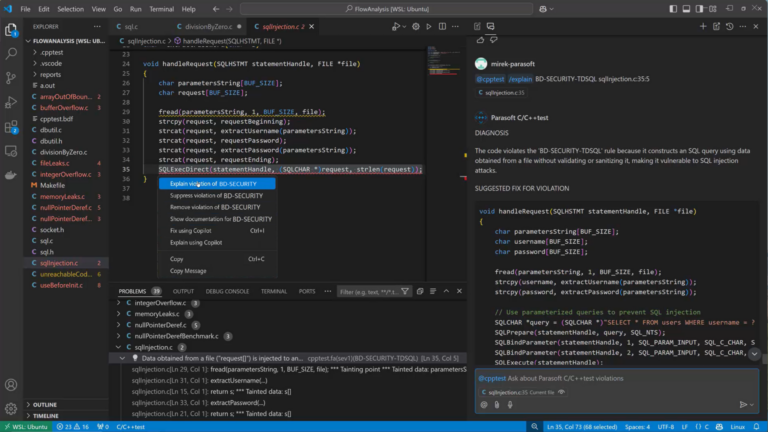 Screen shot of Parasoft GenAI agent giving static analysis code fix suggestions in VSCode Extension for C/C++test