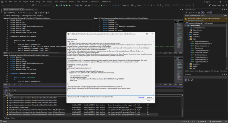 Screenshot of AI code fix recommendations in dotTEST VSCode extension