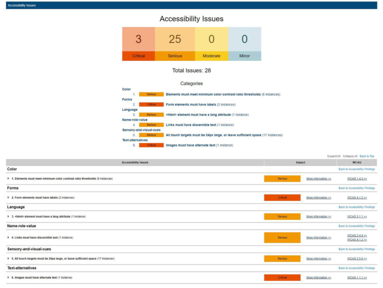Screenshot showing an Accessibility Issues report ranked by severity level.