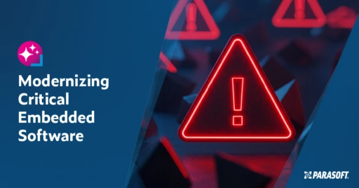Text on left: Modernizing Critical Embedded Software. On the right is an image of a warning triangle outlined with neon red with an exclamation point in the center with the same neon red outline.